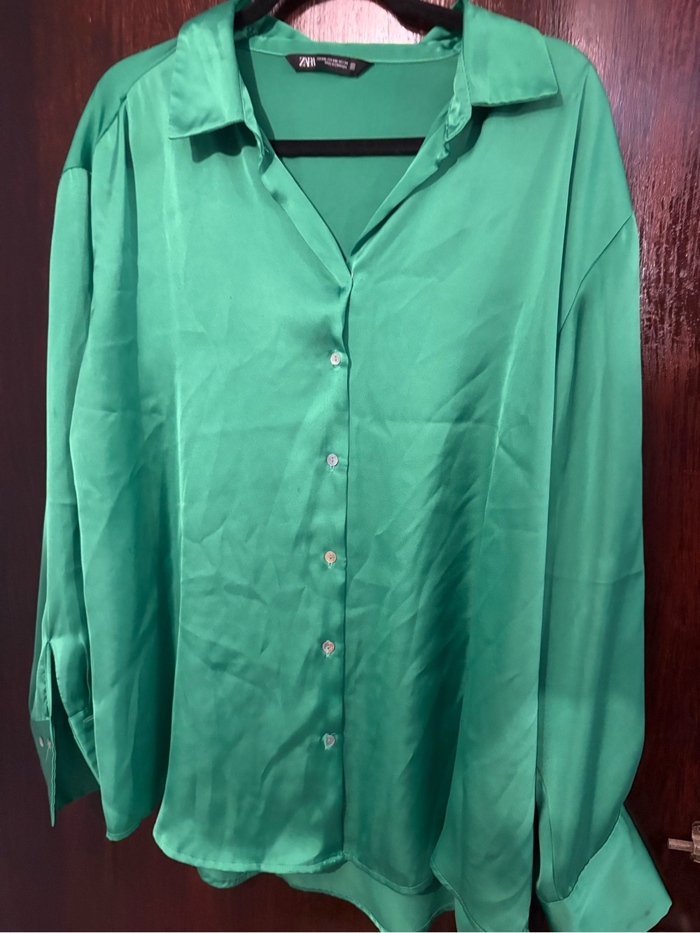 Bundle 3 for $25. ZARA Emerald Green Satin Button-Front Shirt. Size XXL.